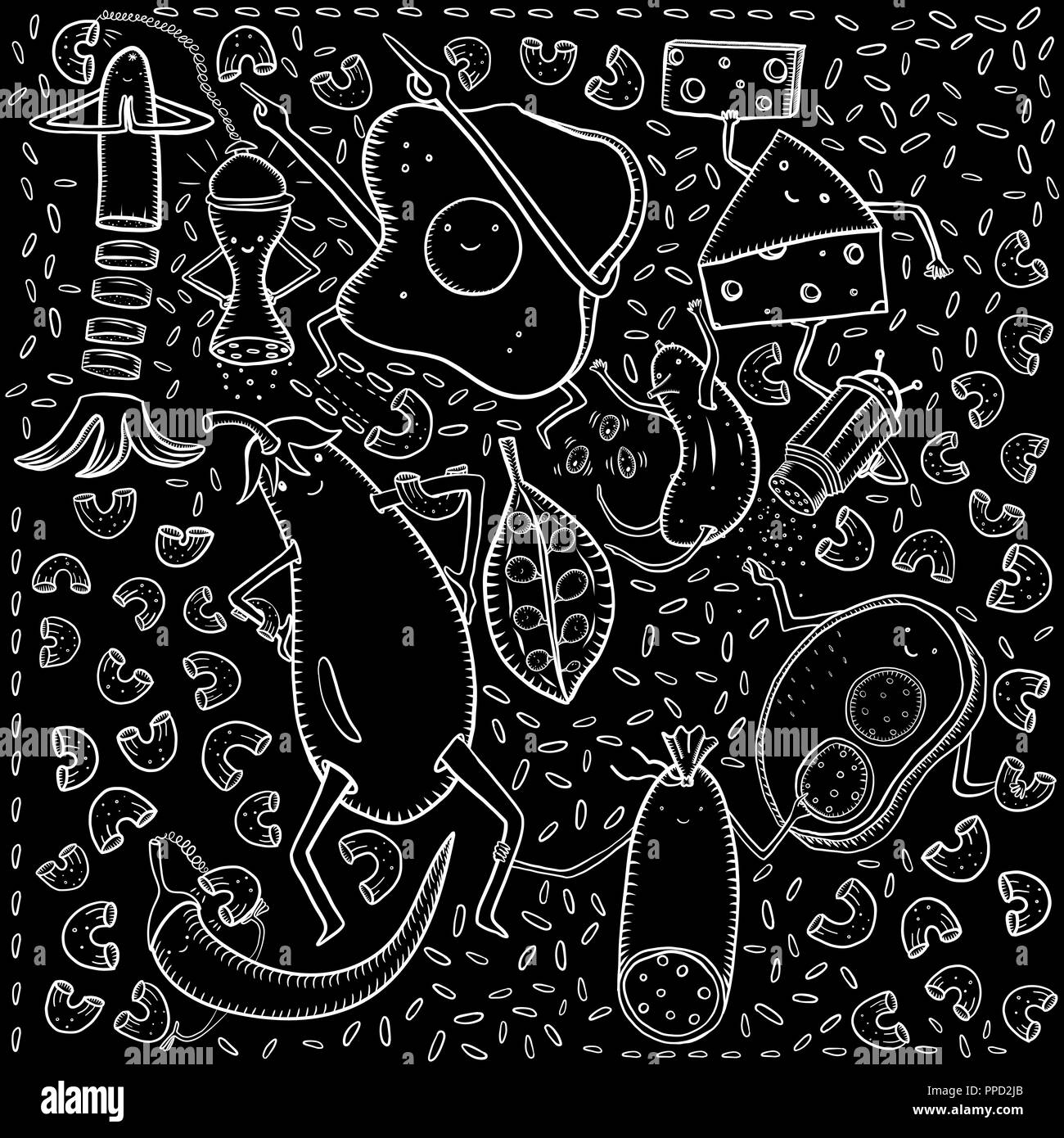 Uova strapazzate, formaggio, salsiccia, melanzane, cetrioli, piselli, sandwich, salsiccia, riso, pasta e altri scarabocchi su sfondo nero Illustrazione Vettoriale