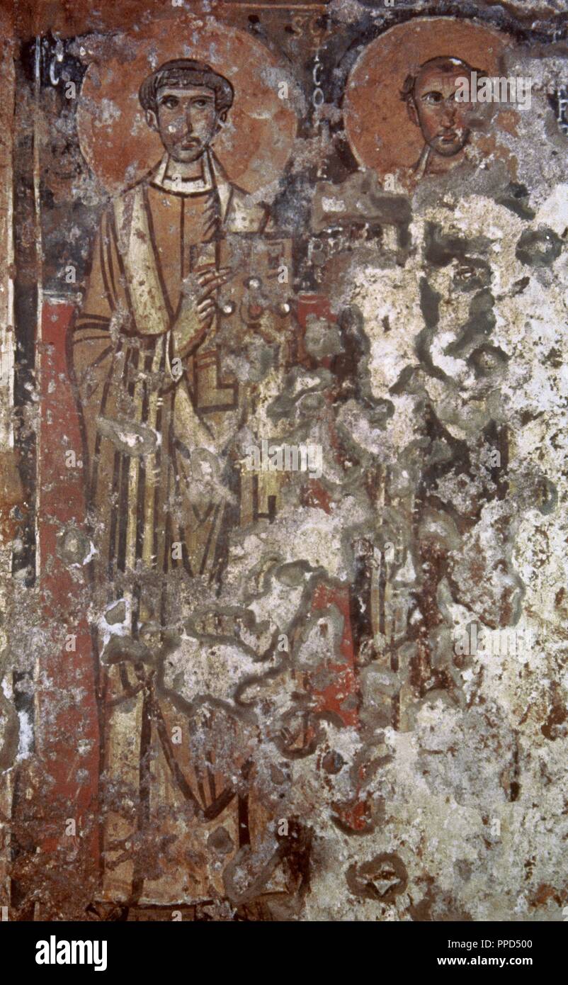 Catacombe di San Callisto. Affresco raffigurante San Cornelio e Cipriano, del III secolo D.C. Roma, Italia. Foto Stock