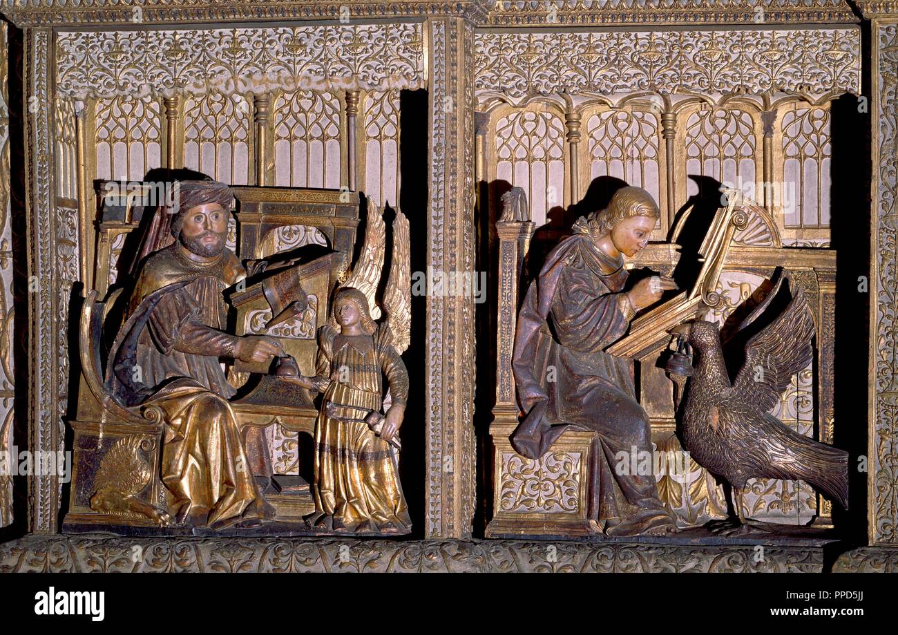 DETALLE DE SAN JUAN Y San Mateo - RETABLO MAYOR DE LA IGLESIA DE SANTA MARIA DEL CONCEJO DE LLANES - siglo XVI - PLATERESCO. Posizione: IGLESIA DE SANTA MARIA DEL CONCEJO. Llanes. ASTURIAS. Spagna. Foto Stock