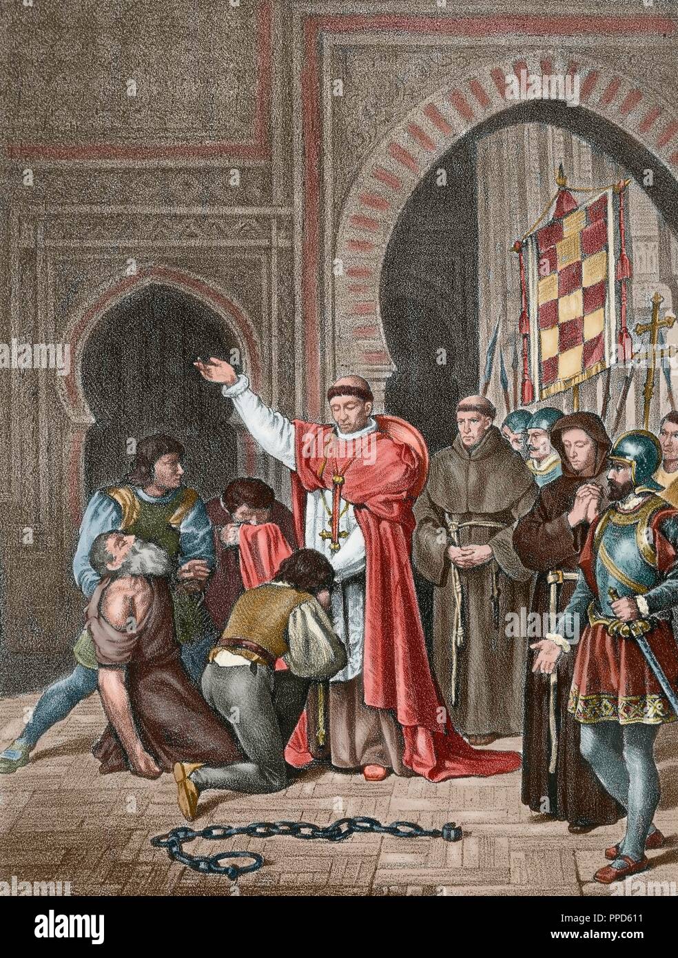 La conquista spagnola di Oran, 17 maggio 1509, dalla monarchia ispanico quando un esercito guidato da Pedro Navarro (1460-1528) a nome del Cardinale Cisneros (1436-1517) sequestrati nord-città africana, che è stato controllato dai mori di Tlemcen. Incisione. Colorati. Foto Stock