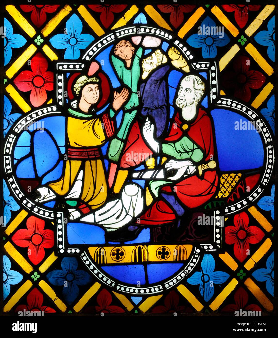 La lapidazione di Santo Stefano. Colonia, Germania, c. 1280. Il vetro macchiato. Schnu ditgen museo. Colonia, Germania. Foto Stock