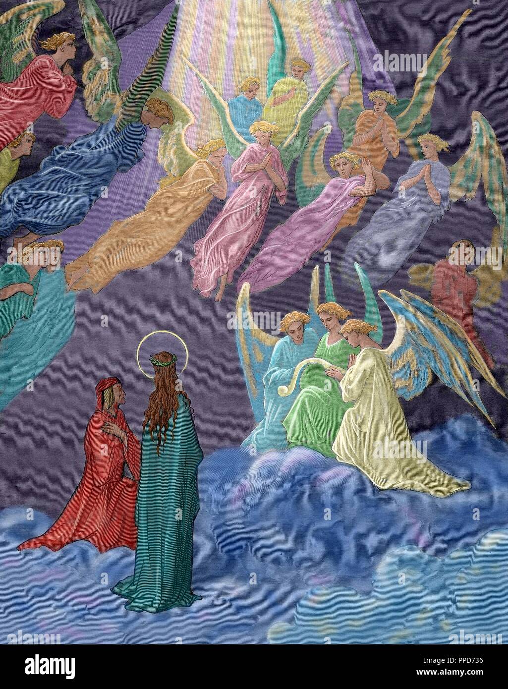 La Divina Commedia. Poema epico scritto da Dante Alighieri tra il 1308 e la sua morte in 1321. Il paradiso. XX Canto. Il luminoso anime cantare. Per tutti coloro che vivono luci, ceratura di splendore, scoppiarono in canzoni, come ad esempio dalla memoria di scivolare e cadere lontano. Incisione di Gustave Dore. Colorati. Foto Stock