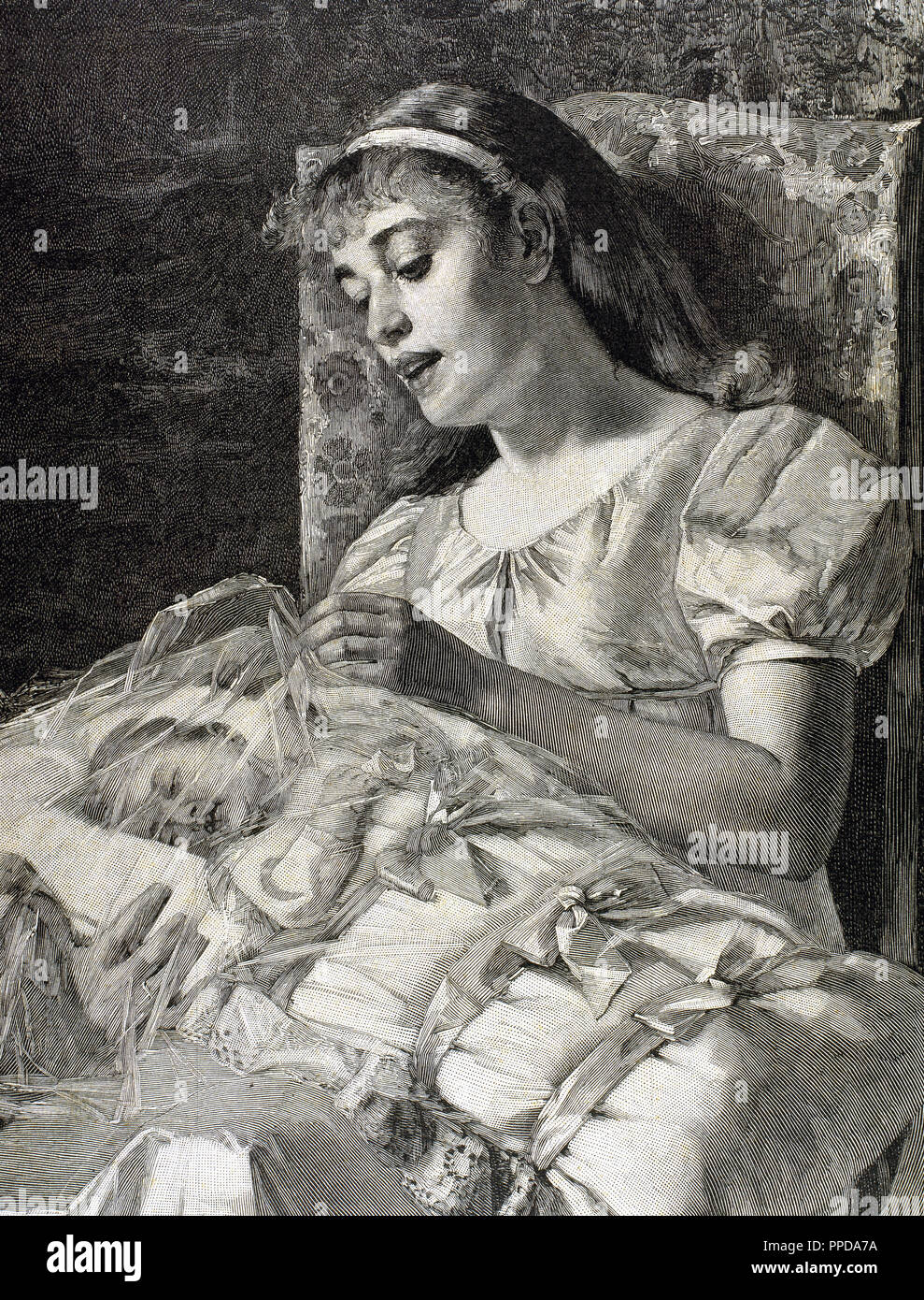 Madre con bambino. Incisione fatta da Knesing nel 1887. Foto Stock