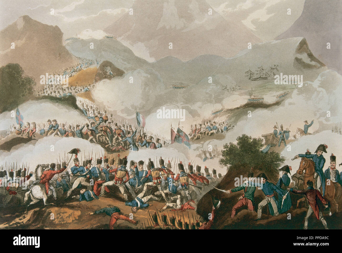 Guerra spagnola di indipendenza. Battaglia dei Pirenei (Luglio 28, 1813). Spagnolo e offensiva britannica contro il francese eserciti imperiali nella penisola. Incisione colorata del XIX secolo. Foto Stock