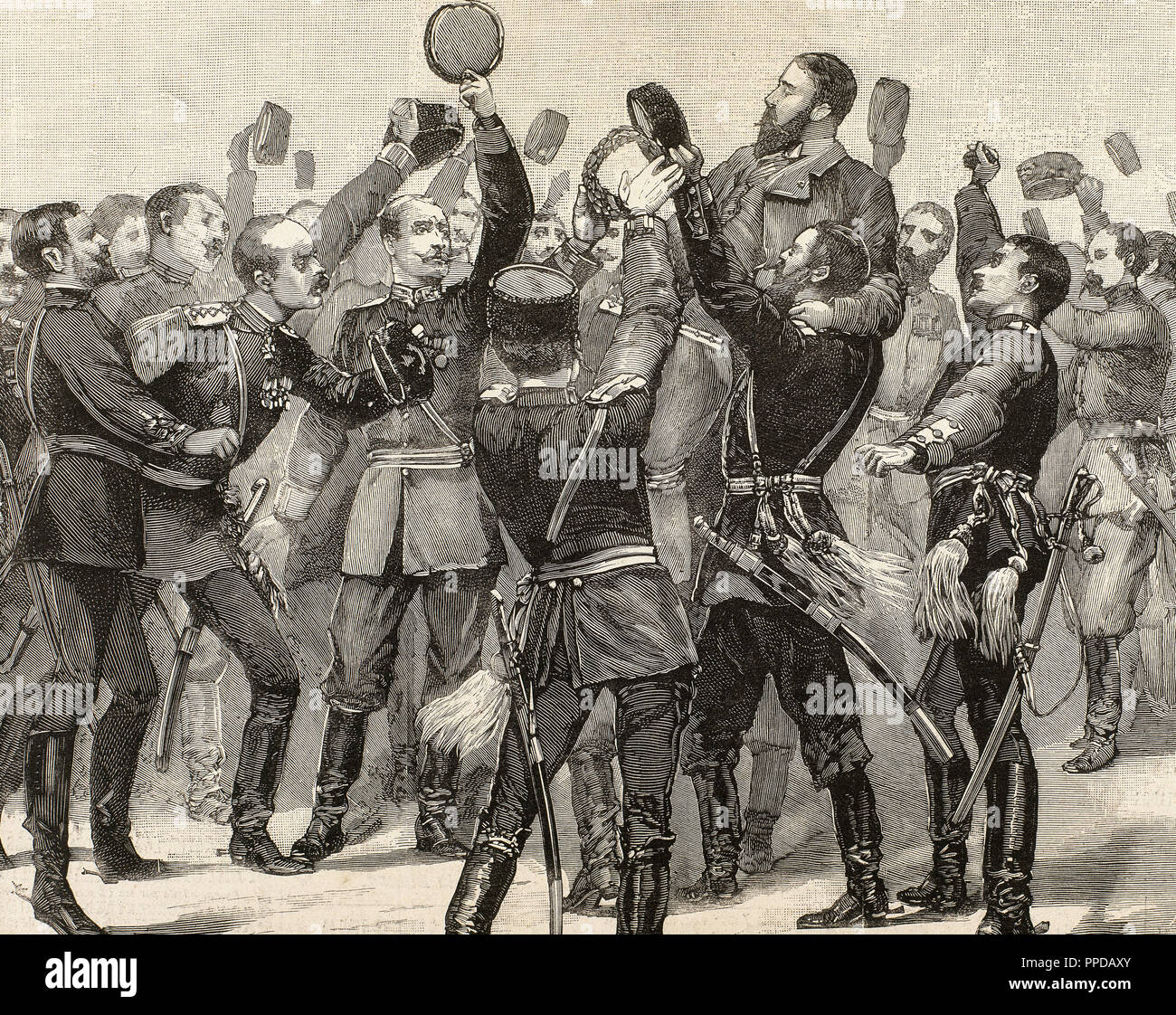 Alessandro di Battenberg (1857-1893). Il principe di Bulgaria (1879-1886). Il principe Alexander è acclamato sul ritorno ai loro membri. Incisione. Foto Stock