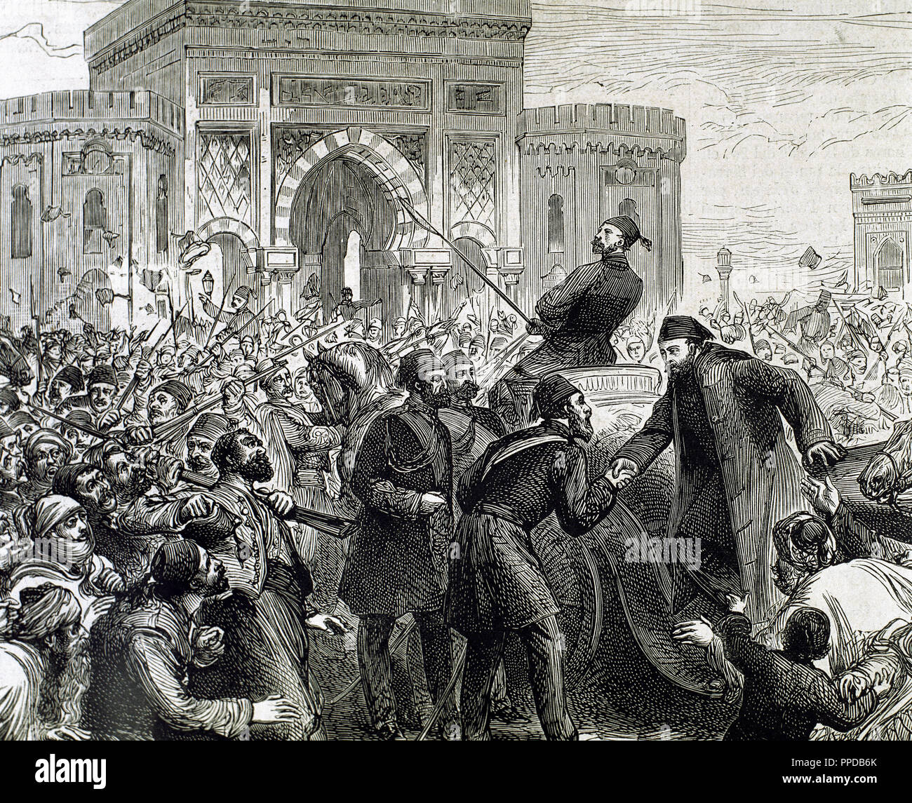 Osman Nuri Pasha, anche Gazi Osman pascià (1832-1900). Turco ottomana maresciallo di campo e l'eroe dell'Assedio di Plevna in 1877. Osman Nuri Pascià è ricevuto in corrispondenza di entrare presso il ministero della guerra. Costantinopoli, 1862. Incisione. Xix secolo. Foto Stock