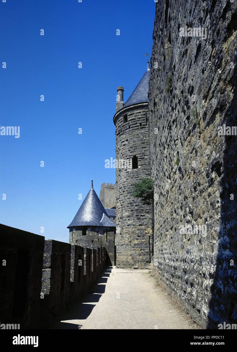 La Francia. Dipartimento dell'Aude. Regione Occitanie. Cite de Carcassonne. Cittadella medioevale. L'architetto Eugène ne Viollet-le-Duc rinnovato la fortezza (1853-1879). Mura di cinta del castello di Condal, residenza del Trencavell (XII secolo). Il Re Jaime I, nella sua infanzia, era stato imprigionato in questo castello per ordine del Signore di Montfort. Foto Stock