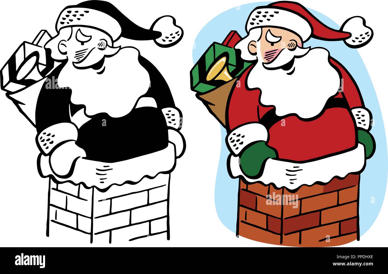 Un cartoon di Santa Claus bloccato in un camino per la Vigilia di Natale. Illustrazione Vettoriale