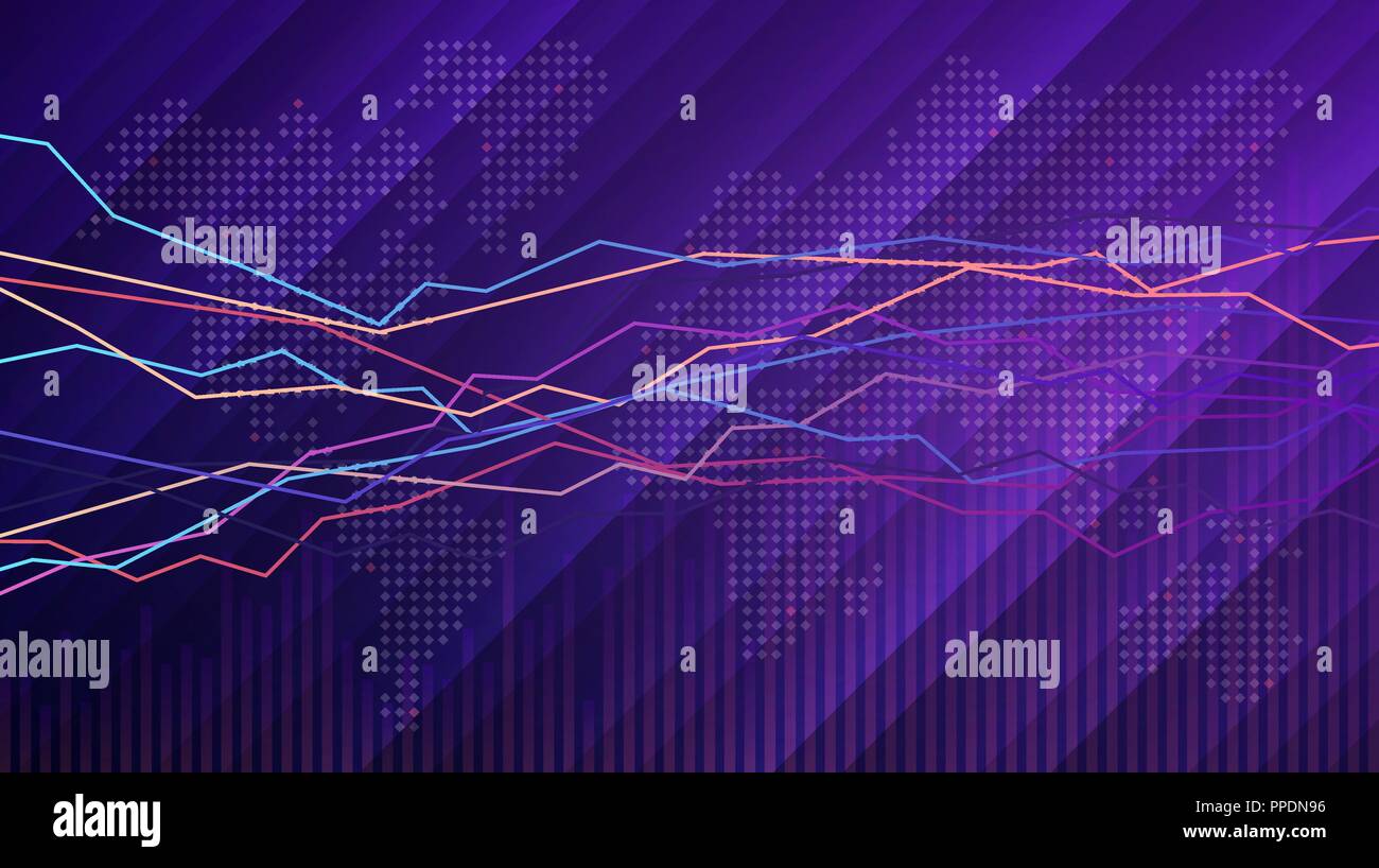 Abstract moderno contesto finanziario. Diagramma di business e il grafico con la mappa del mondo fatto di forme quadrate su sfondo viola per il tuo design Illustrazione Vettoriale