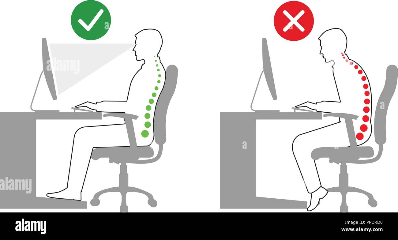 Ergonomia - corretta ed errata postura seduta quando si utilizza un  computer Immagine e Vettoriale - Alamy