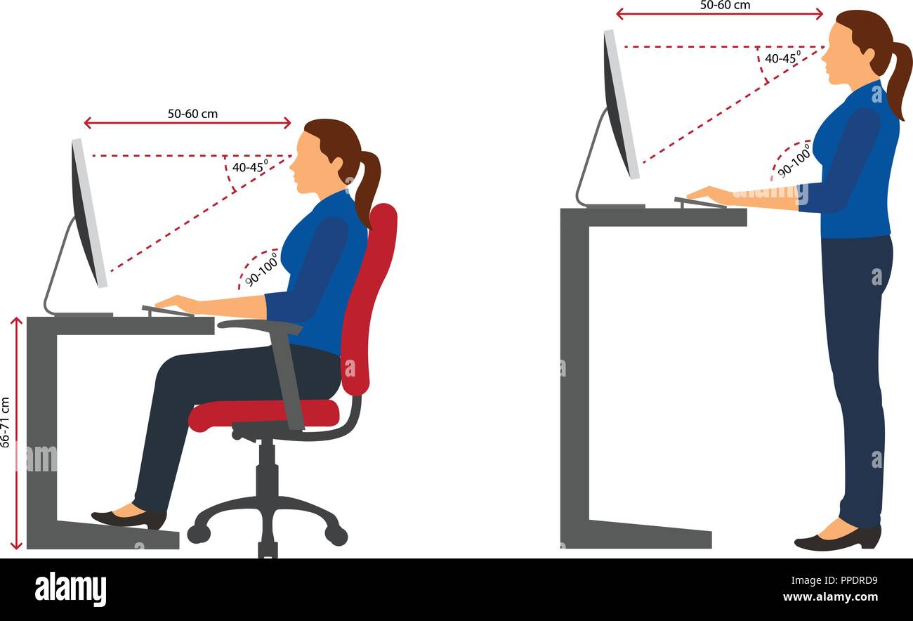 Ergonomia - Silhouette di donna seduta corretta e la postura eretta quando si utilizza un computer Illustrazione Vettoriale