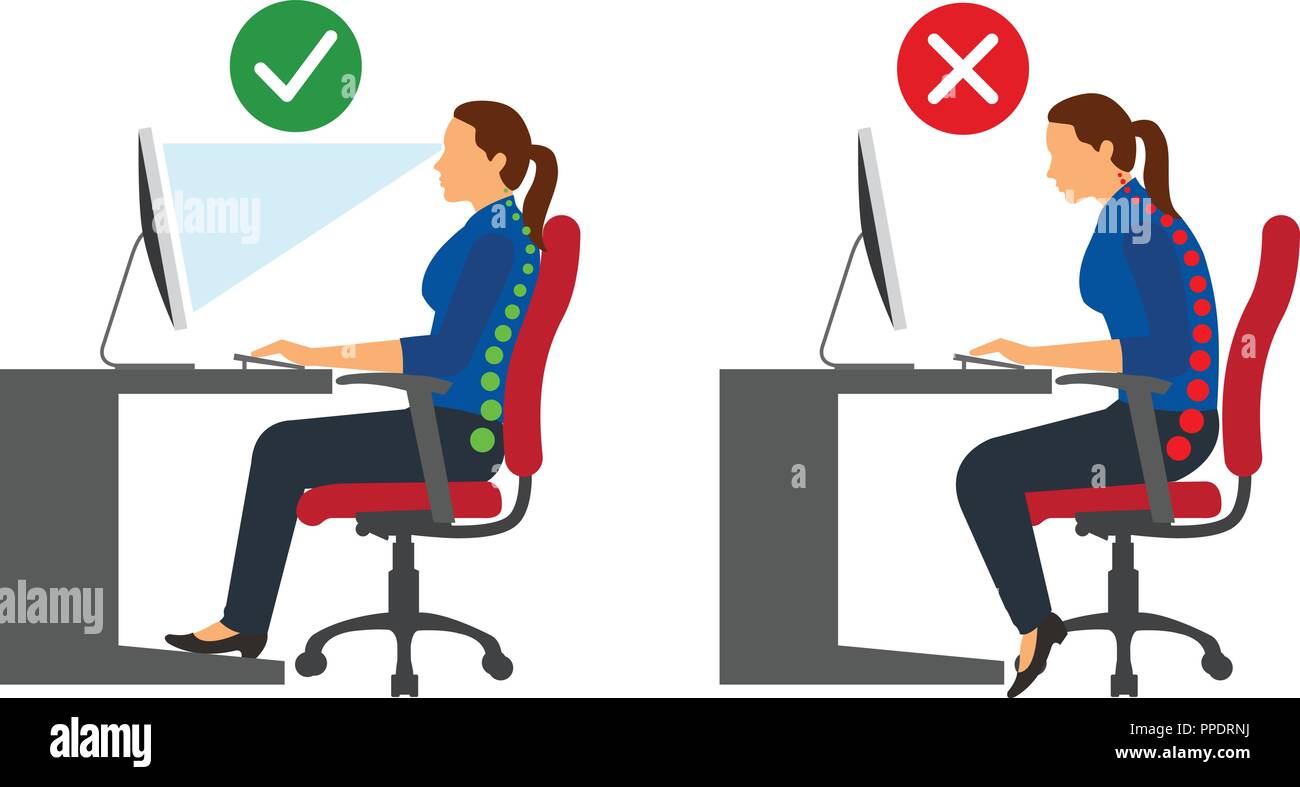 Ergonomia donna seduta corretta e la postura eretta quando si utilizza un computer Illustrazione Vettoriale