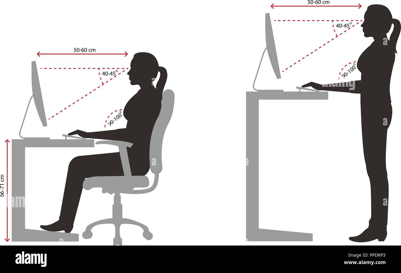 Ergonomia - Silhouette di corretta ed errata postura seduta quando si utilizza un computer Illustrazione Vettoriale