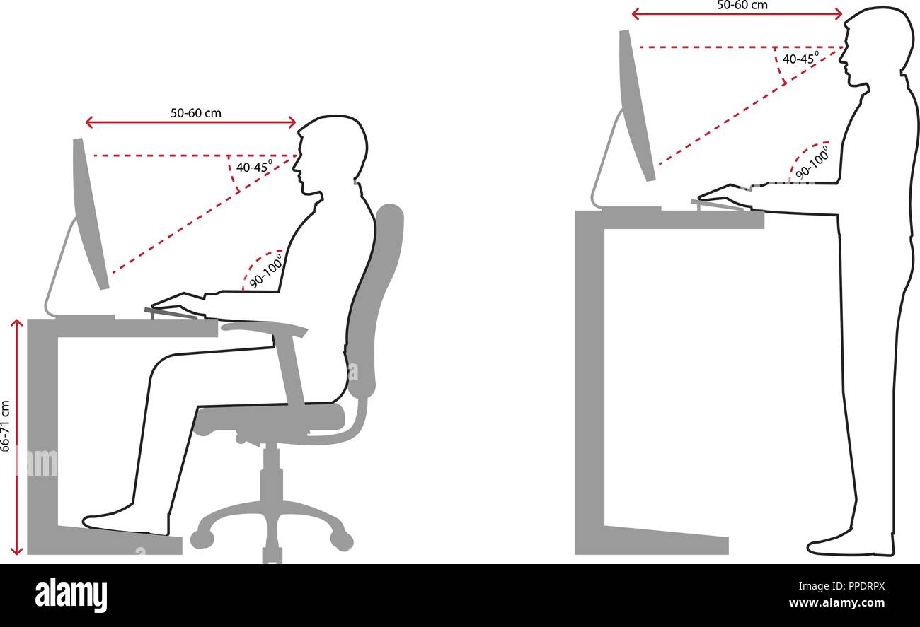 Seduta corretta e la postura eretta quando si utilizza un computer, disegno della linea Illustrazione Vettoriale