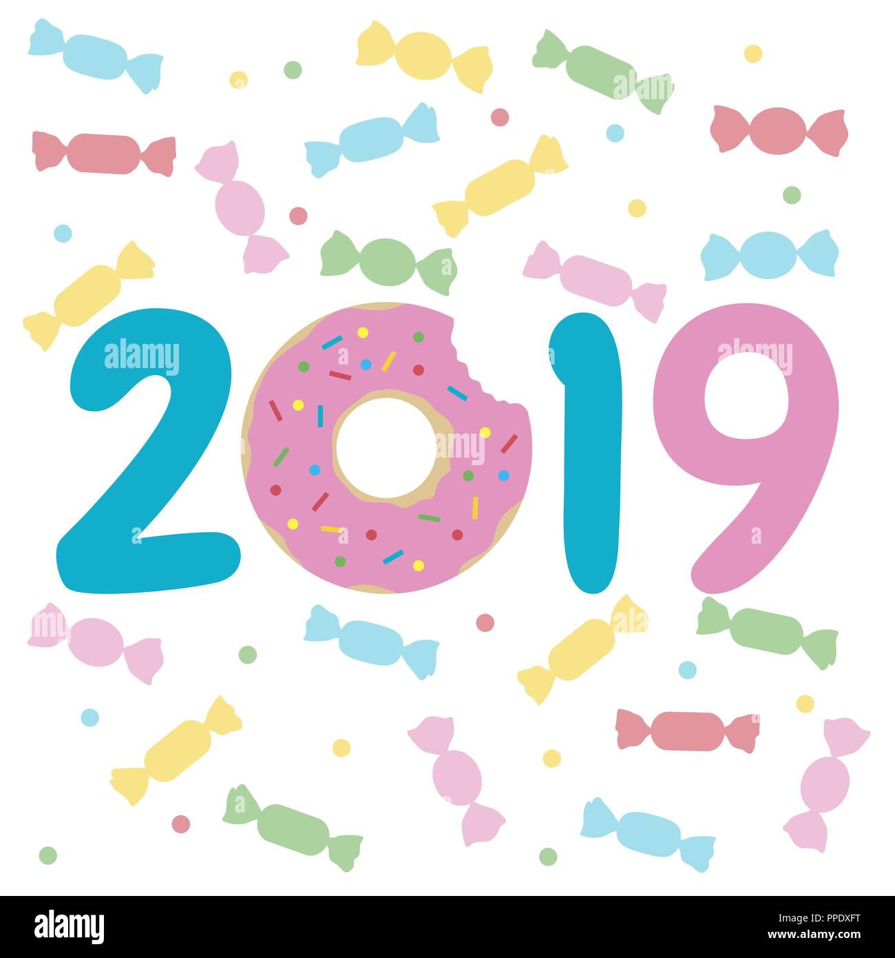 Felice Anno Nuovo 2019 illustrazione con donut e caramelle. Progettazione per la decorazione, biglietto di auguri, stampa. Illustrazione Vettoriale