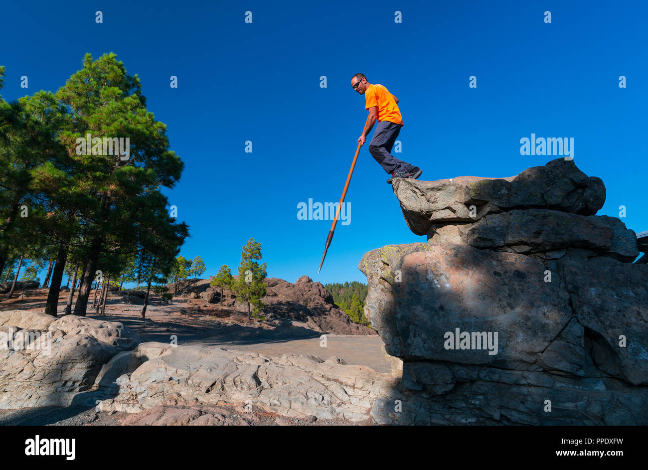 Il pastore delle Canarie's Leap, Salto del pastore canario, Tirajana orrido, Gran Canaria Island, Isole Canarie, Spagna, Europa Foto Stock