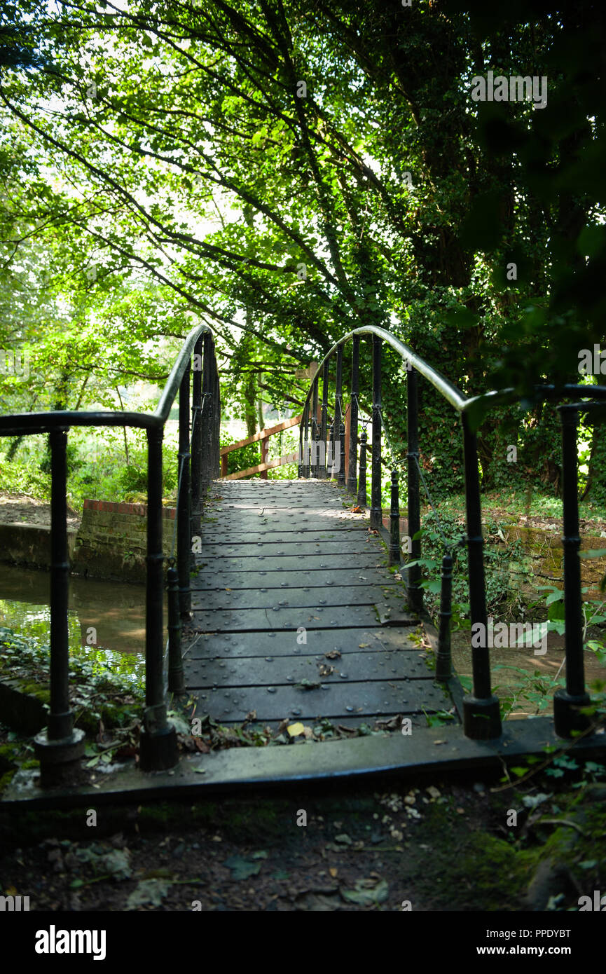 Inizio del XIX secolo la ghisa passerella sul fiume Wylye in Bishopstrow, Wiltshire, Regno Unito. Foto Stock