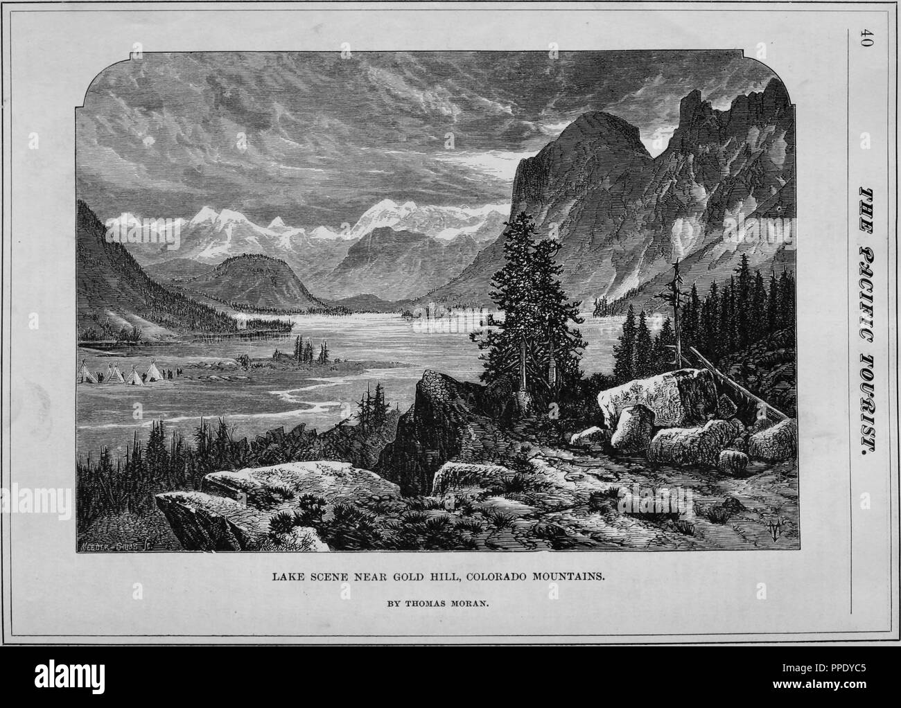 Incisione di un lago vicino alla Collina d'oro, Colorado Montagne, dal libro "pacifico" turistiche, Contea di Boulder, Colorado, 1877. La cortesia Internet Archive. () Foto Stock