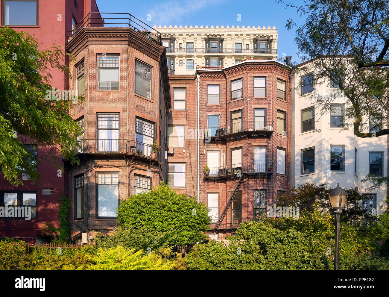 Brooklyn Heights case al tramonto, New York, Stati Uniti d'America. Foto Stock