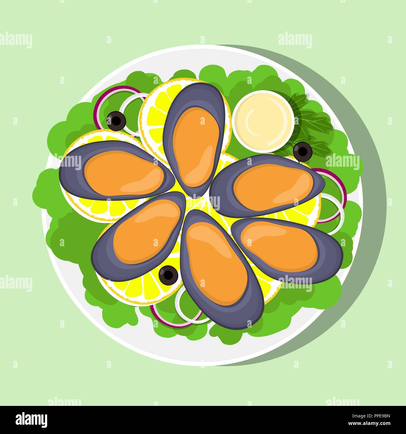 Le cozze, le fette di limone e foglie di lattuga, cipolla e salsa su piastra bianca, vista dall'alto. Piatti a base di frutti di mare freschi. Vettore illustrazione piatta Illustrazione Vettoriale