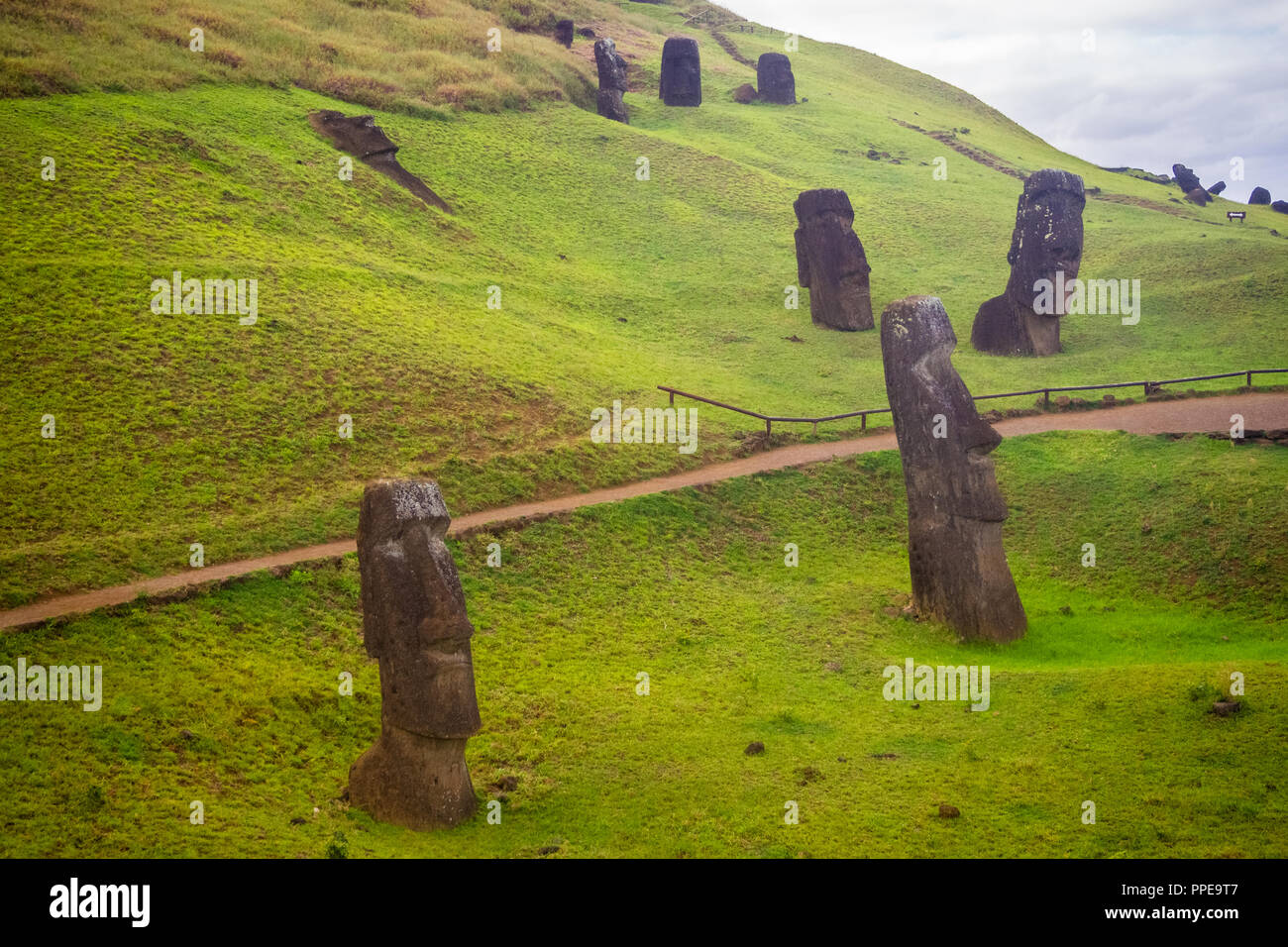 Rano Raraku vulcano, cava del moai con molte statue incompleto. Parco Nazionale di Rapa Nui, Isola di Pasqua, Cile. UNESCO - Sito Patrimonio dell'umanità. Ho Foto Stock