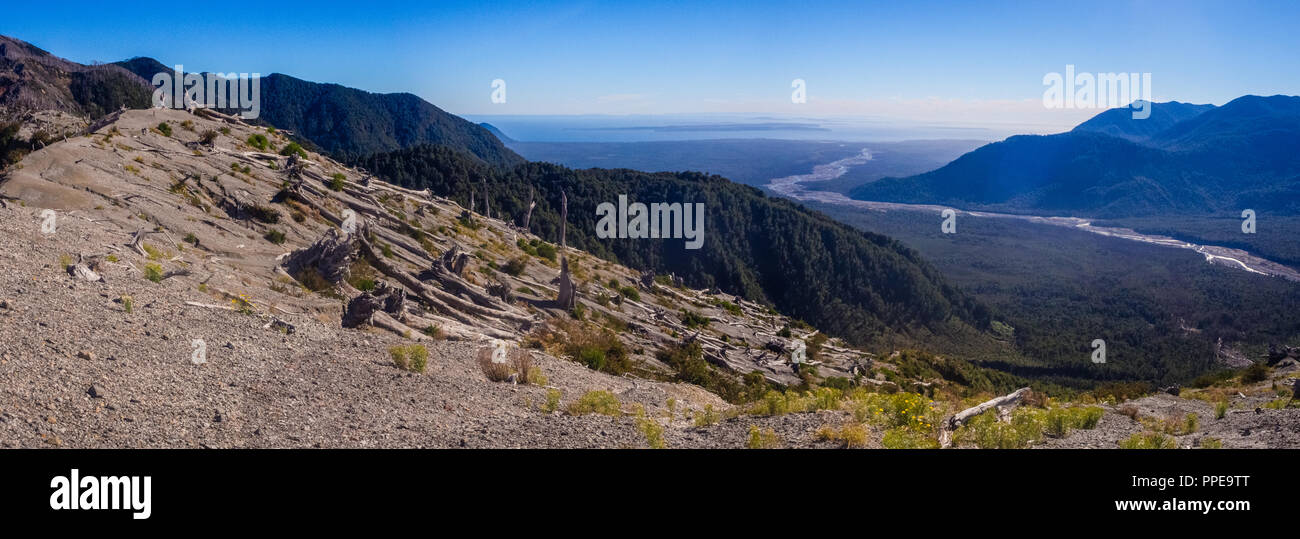 Vista panoramica dalla cima del vulcano Chaiten in Patagonia cilena. Dettaglio degli alberi morti perché l' eruzione del vulcano Foto Stock