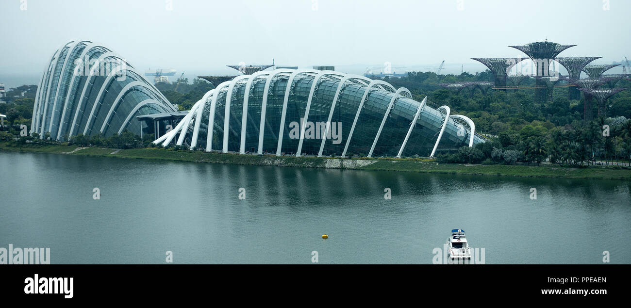 Vista aerea del complesso del Conservatorio, il fiore Cupola e Cloud Forest a Giardini in Bay Marina serbatoio Singapore Repubblica di Singapore Asia Foto Stock
