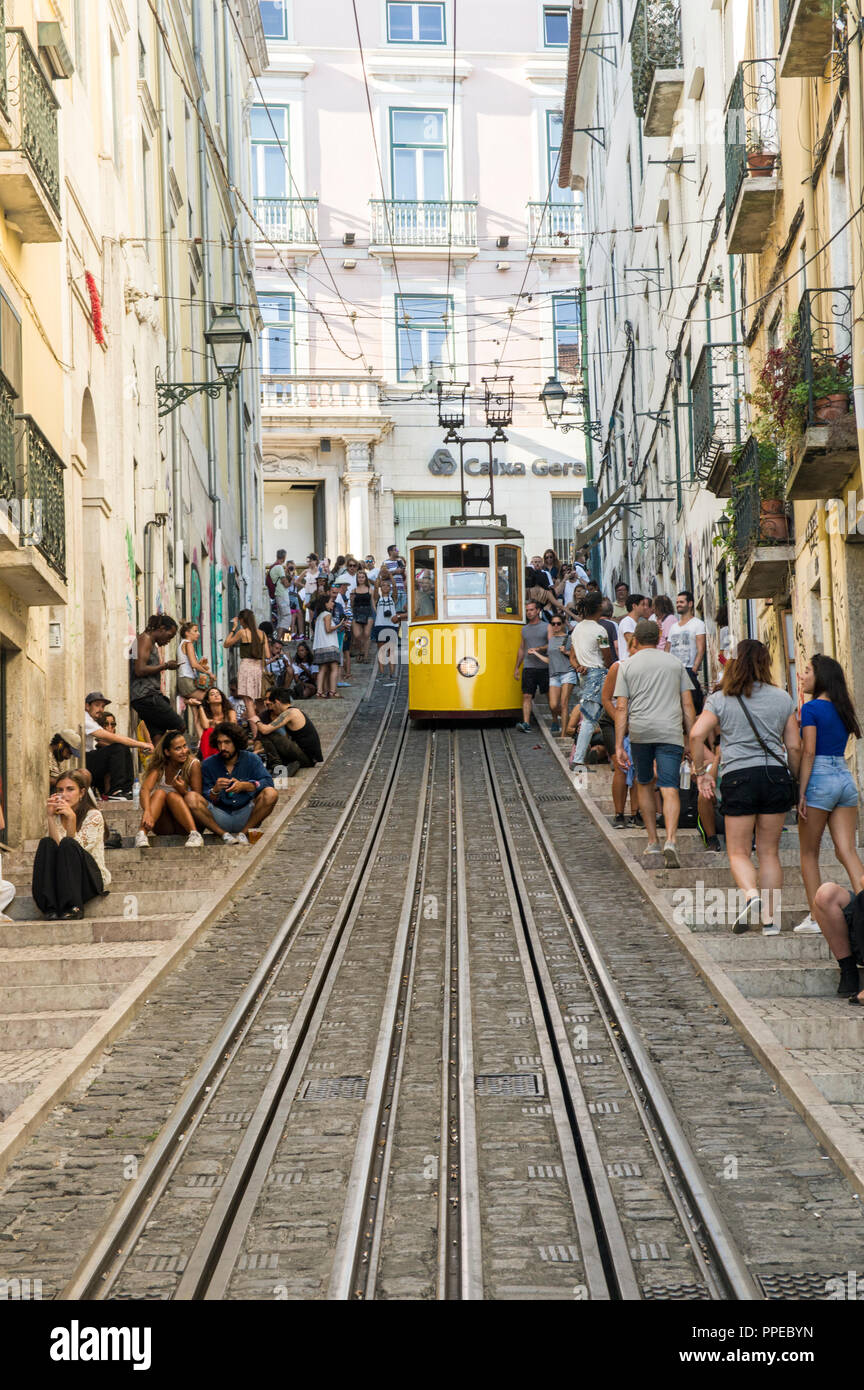 Strada trafficata giallo con la funicolare in centro città, Bica Funicolare Elevador da Bica, Bairro Alto, Rua da Bica de Duarte Belo, Lisbona, Portogallo Foto Stock