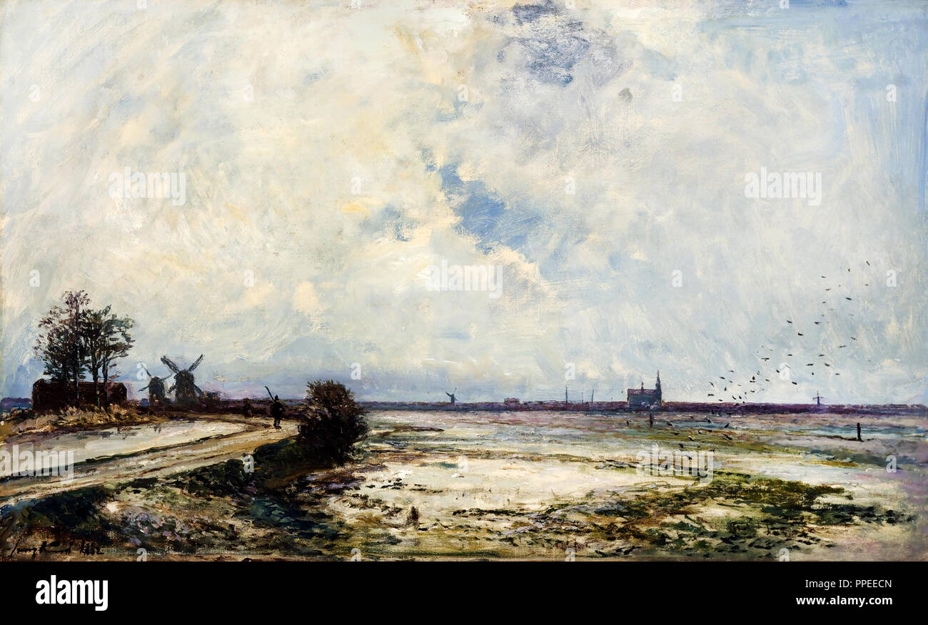 Johan Jongkind - paesaggio olandese 1862 olio su tela. Museo delle Belle Arti, Houston, TX, Stati Uniti d'America. Foto Stock