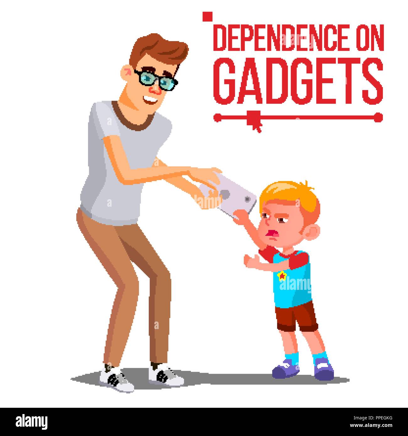 I bambini s Gadget vettore di dipendenza. Padre prende Smartphone dal Figlio. La dipendenza da Internet. Isolato illustrazione Cartoon Illustrazione Vettoriale