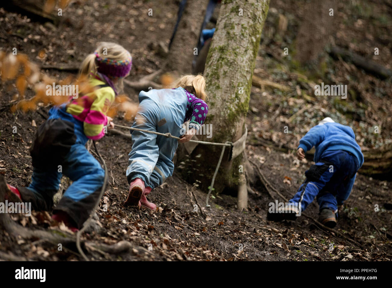 I bambini nel vivaio forestale in Holzwurm Eisenaerzt a Ruhpolding. Foto Stock