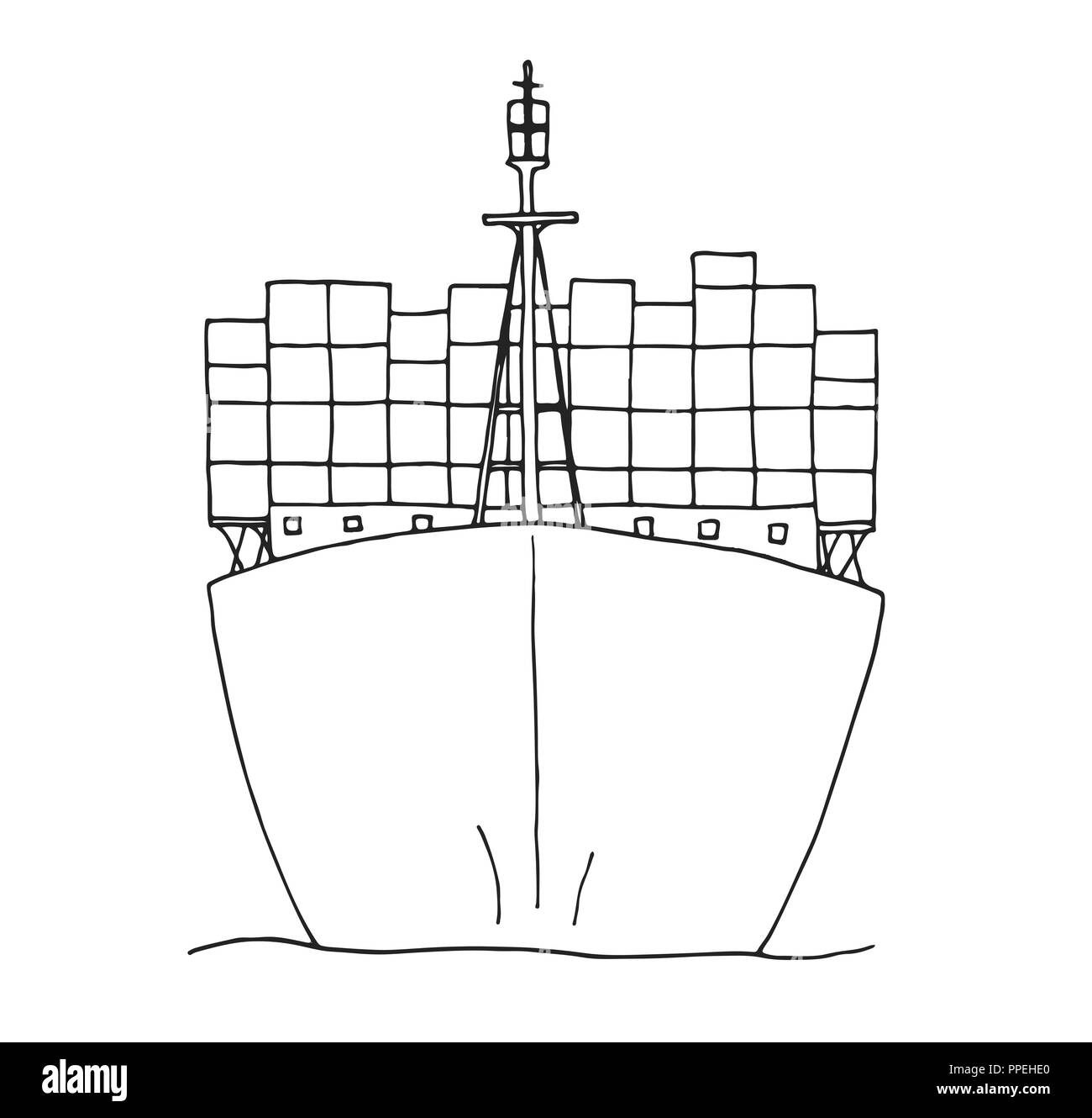 Schizzo di nave da carico isolato su sfondo bianco. Vettore Illustrazione Vettoriale