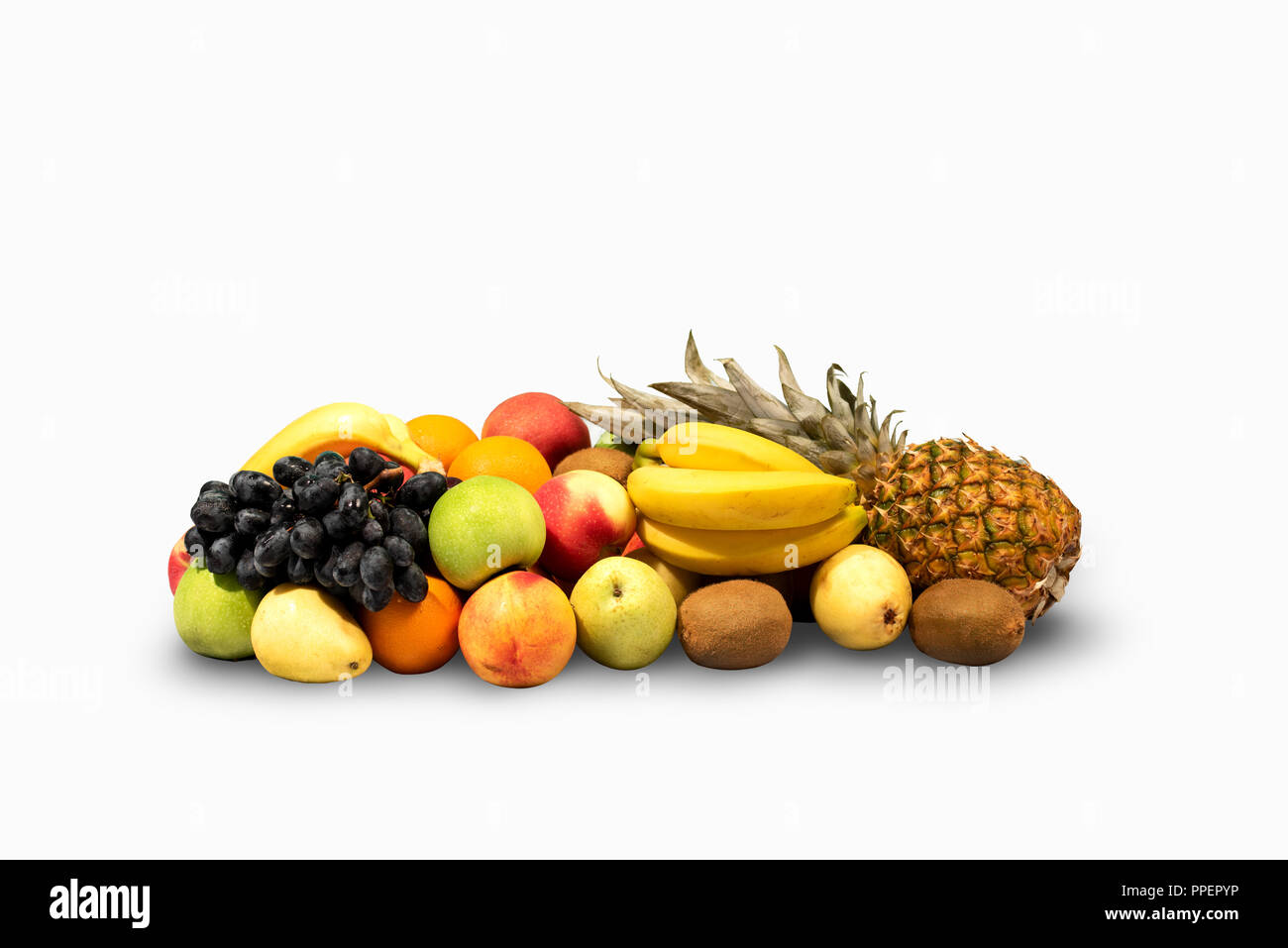 Molti diversi frutti esotici isolati su sfondo bianco.cibi sani Foto Stock