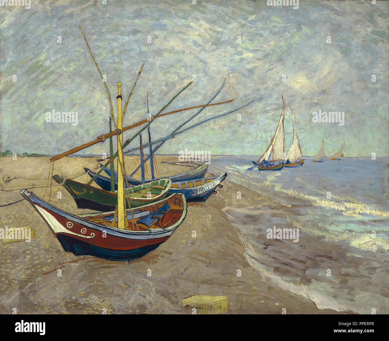 Vissersboten op het strand van Les Saintes-Maries-de-la-Mer / barche di pescatori sulla spiaggia di Les Saintes-Maries-de-la-Mer. Data/Periodo: 1888. La pittura. Olio su tela. Altezza: 65 cm (25,5 in); Larghezza: 81,5 cm (32 in). Autore: Vincent van Gogh. VAN GOGH, VINCENT. Foto Stock
