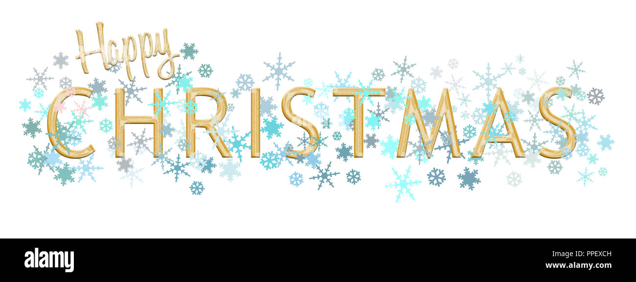 Luce blu turchese Felice Natale biglietto di auguri. Fiocchi di neve in argento e oro per la scrittura di word. Su sfondo bianco. Foto Stock