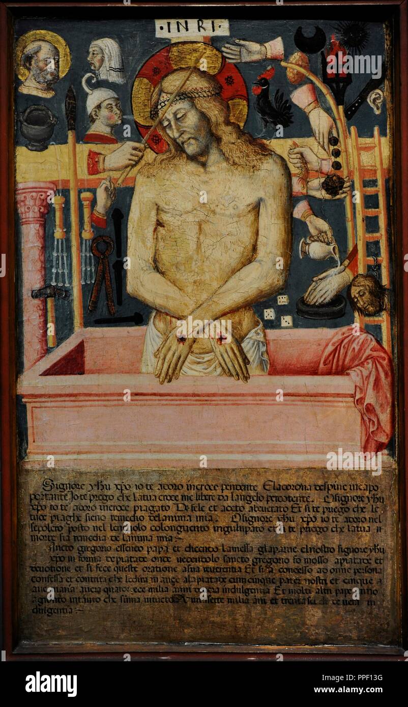Umbria, ultimo quarto del XV secolo. Cristo come l'uomo dei dolori, con l'Arma Christi. Il pioppo. Wallraf-Richartz Museum. Colonia. Germania. Foto Stock