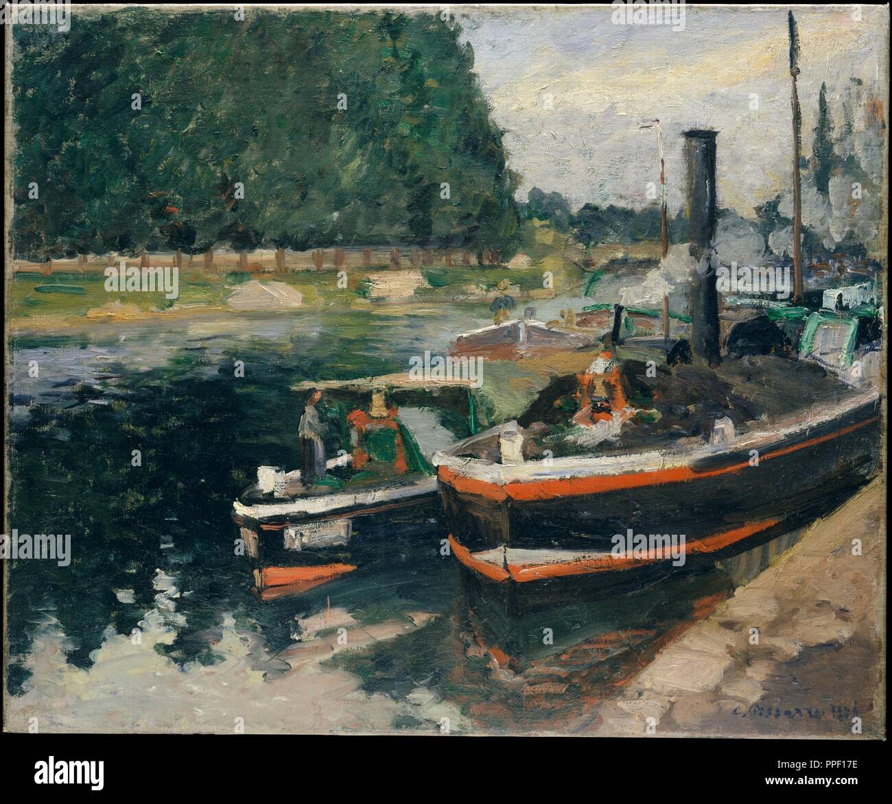 Chiatte a Pontoise. Artista: Camille Pissarro (francese, Charlotte Amalie, Saint Thomas 1830-1903 Paris). Dimensioni: 18 1/8 x 21 5/8 in. (46 x 54,9 cm). Data: 1876. Nel 1876 Pissarro ha intrapreso diverse viste di chiatte che le merci trasportate lungo il fiume Oise per il trafficato porto di Pontoise, la città dove ha vissuto per molti anni. Questa tela è il solo a mostrare le imbarcazioni fino vicino, vividamente accentati con bold corse di arancione e verde. In modo gratuito è la manipolazione che è difficile discernere la figura sulla prua della chiatta a sinistra. Pissarro potrebbe tornare a questo argomento due deca Foto Stock