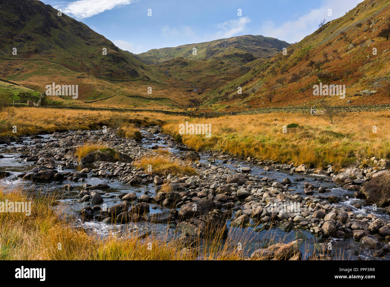 Mardale Beck a Mardale testa con Harter cadde e Mardale Ill Bell al di là nel Parco Nazionale del Distretto dei Laghi, Cumbria, Inghilterra. Foto Stock