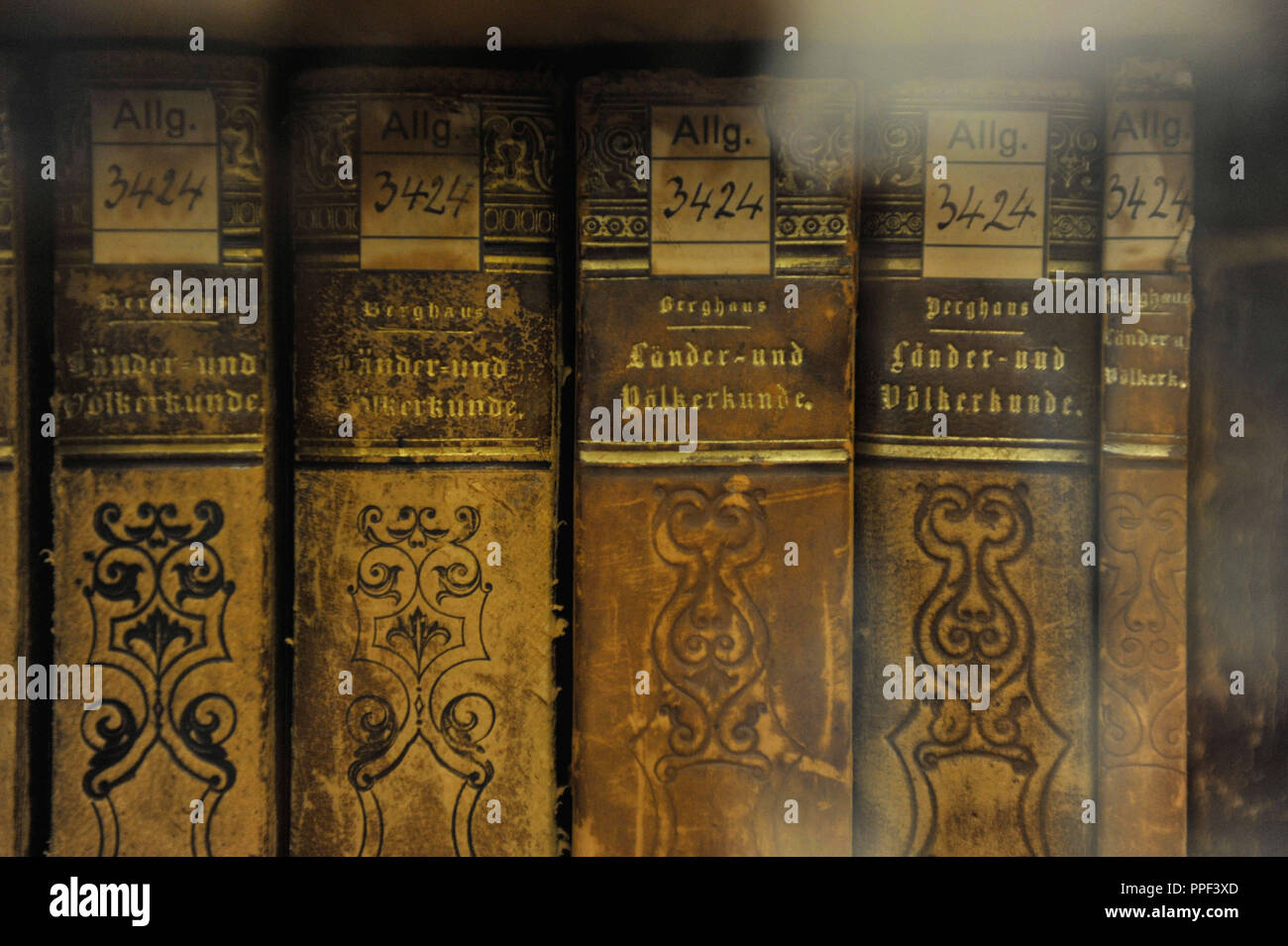 Vecchi libri in biblioteca del Museo Statale di Etnologia nella Maximilianstrasse 42 a Monaco di Baviera. Foto Stock