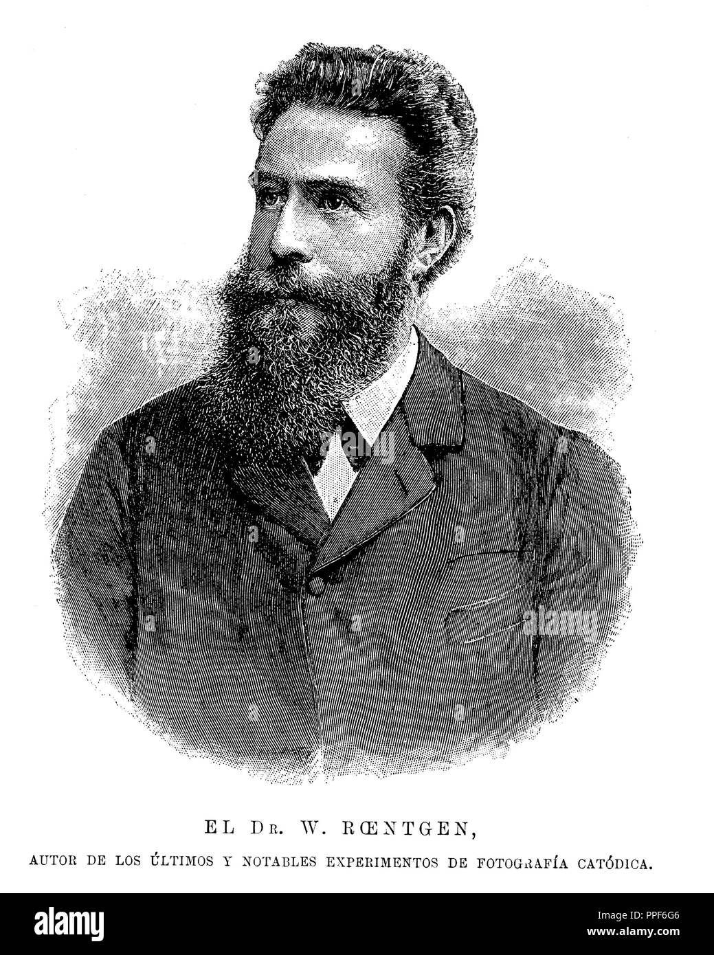 Wilhelm Conrad Röntgen (Lennep, 1845-Monaco di Baviera, 1923). Fisico tedesco, scopritore della 'raggi X'. Premio Nobel per la fisica nel 1901. Incisione, 1896. Foto Stock