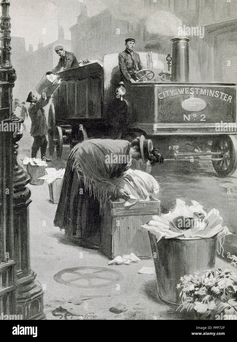 Regno Unito. Londra. Il prelievo di cassonetti di rifiuti nelle strade . Incisione de l'illustrazione, 1901. Foto Stock