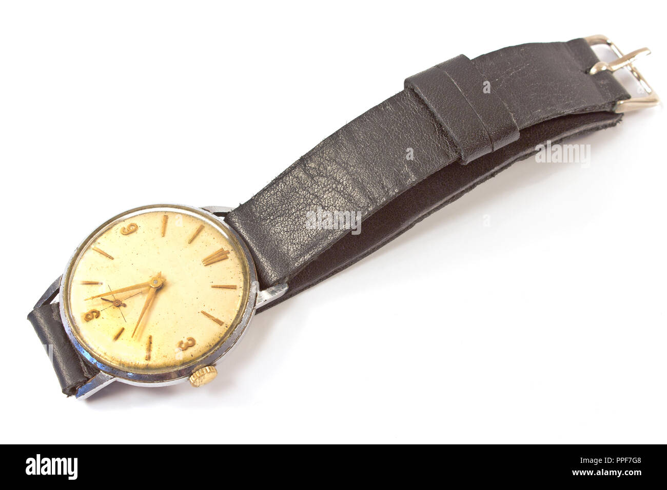 Il vecchio orologio da polso isolato su bianco Foto Stock