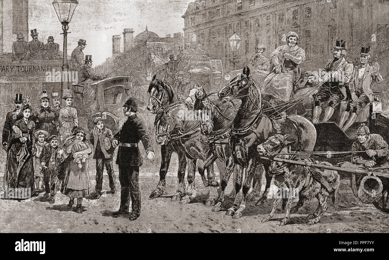 Un poliziotto ferma il traffico su un incrocio occupato per consentire ai pedoni di attraversare la strada, Londra, Inghilterra del XIX secolo. Da Londra Foto, pubblicato 1890. Foto Stock