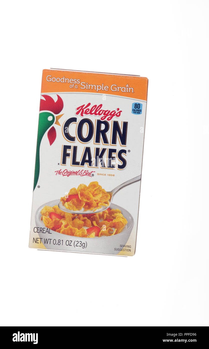 Scatola di Kellogg's Corn Flakes cereali fatti di tostare i fiocchi di mais Foto Stock