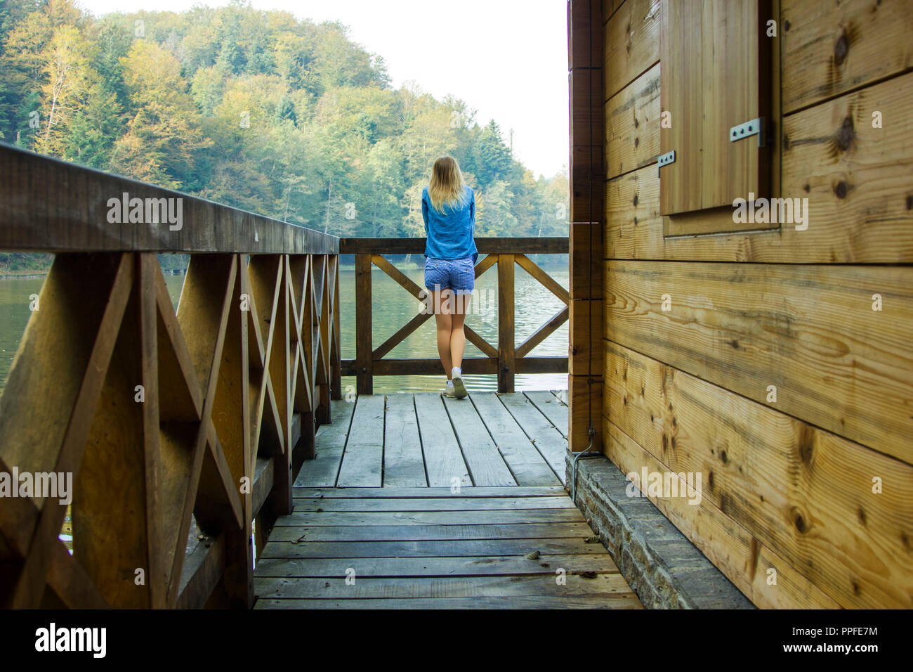 Ragazza in piedi dalla staccionata in legno sulla riva del lago, guardando in lontananza Foto Stock