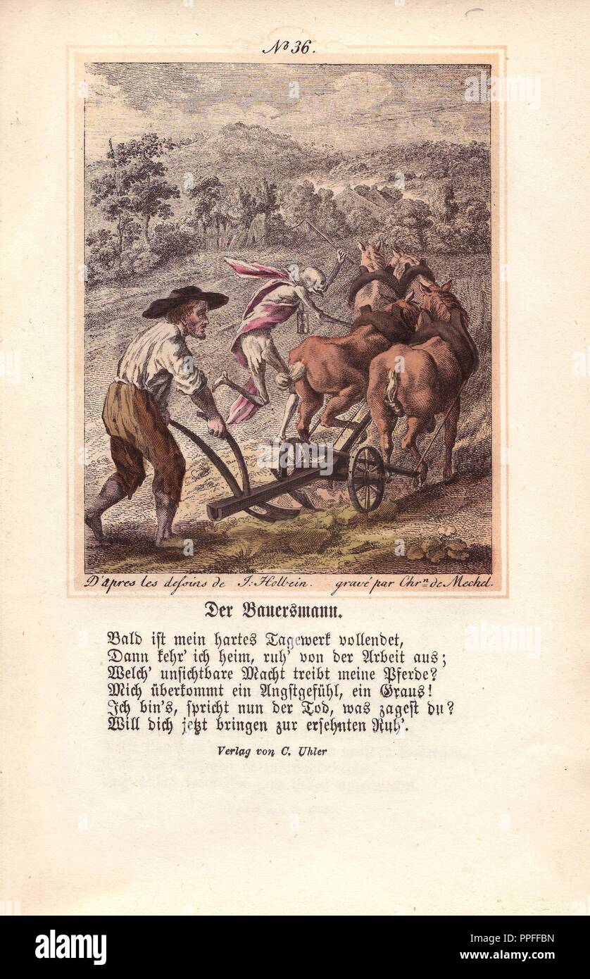 Il contadino si è assistito dalla morte che conduce i cavalli del suo aratro. Colorate a mano incisione di Chretien de Mechel da Hans Holbein il "Trionfo della Morte", basata su disegni originali di Peter Paul Rubens, 1860. Foto Stock