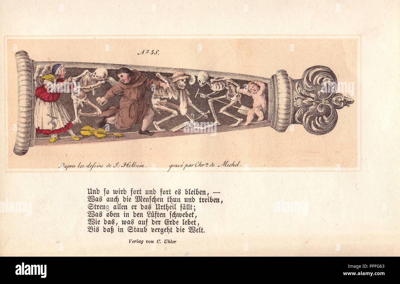 Un design per una guaina di un pugnale disegnato da Holbein. Le figure sono una giovane donna, monaco e bambino, tutti la maggior parte dei quali a malincuore accompagnare la morte nella danza. La lotta della femmina, la riluttanza del monaco e il dolore dei poveri infantile, sono raffigurati con parità di veridicità e spirito. Colorate a mano incisione di Chretien de Mechel da Hans Holbein il "Trionfo della Morte", basata su disegni originali di Peter Paul Rubens, 1860. Foto Stock