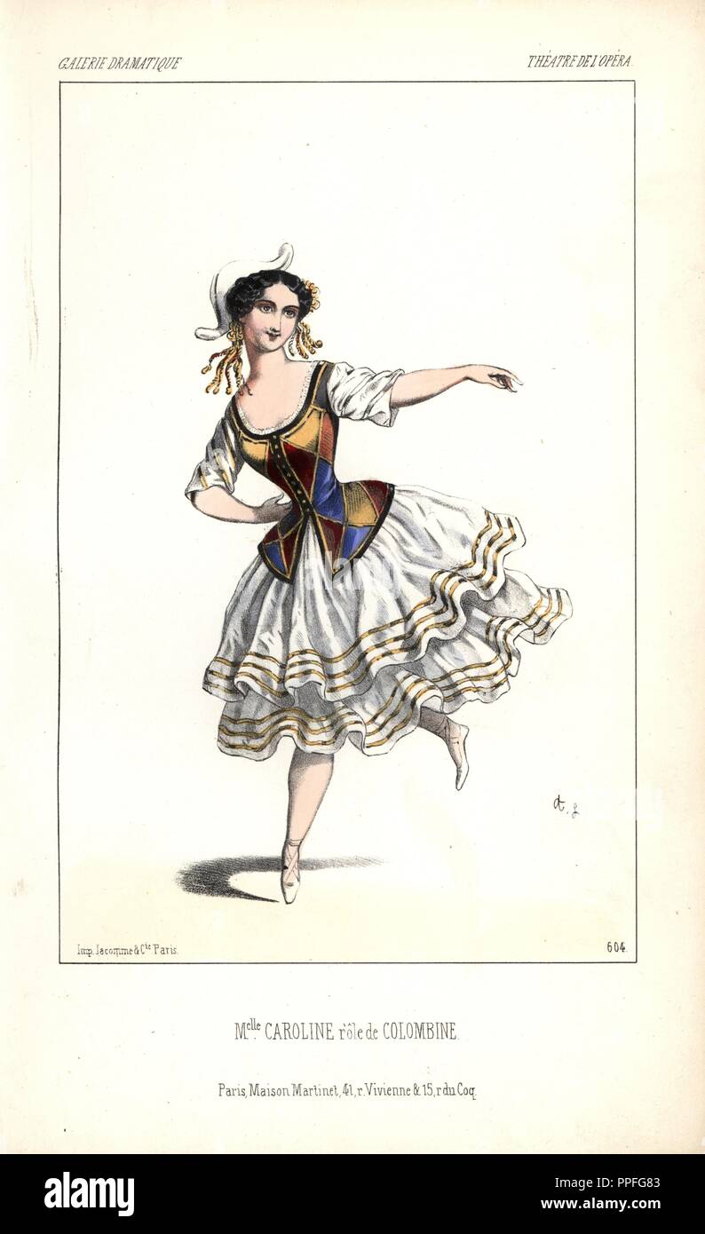 Mlle. Caroline Lassiat nel ruolo di "Colombine" presso il Teatro de l'Opera. . Litografia Handcolored da Alexandre Lacauchie da 'Galerie Dramatique: costumi des teatri de Paris" 1860. Foto Stock
