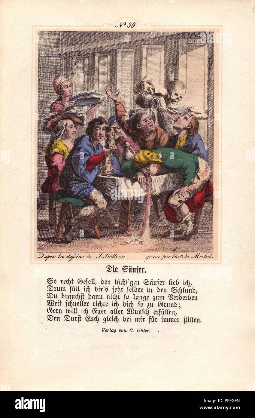 Sulla destra, una festosa morte si tira indietro un ubriaco la testa e si versa un flagon di vino rosso verso il basso la sua gola come i suoi compagni a guardare e allegria. Nella parte anteriore, un altro ubriaco vomita sul pavimento e un terzo bevuto a sinistra è visibile nel profondo del suo tazze. Colorate a mano incisione di Chretien de Mechel da Hans Holbein il "Trionfo della Morte", basata su disegni originali di Peter Paul Rubens, 1860. Foto Stock