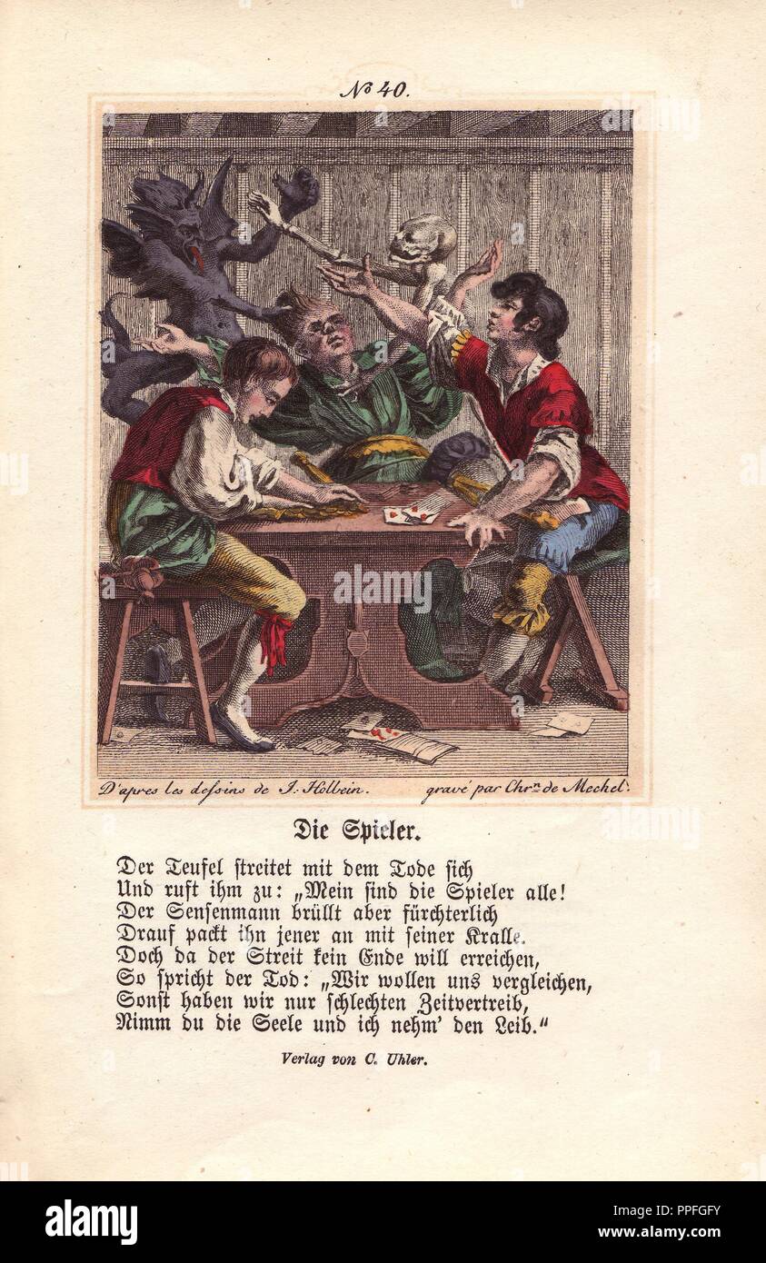 Morte e un demone nero sembrano essere in una battaglia per il giocatore in verde al tavolo. La morte ha la sua mano ossea su l'uomo della gola, mentre il demone afferra i suoi capelli. Il cardplayer a destra tenta di intervenire con il Demonio, mentre il giocatore a sinistra scoop fino le sue vincite. Colorate a mano incisione di Chretien de Mechel da Hans Holbein il "Trionfo della Morte", basata su disegni originali di Peter Paul Rubens, 1860. Foto Stock